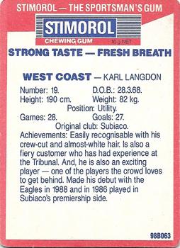 1990 AFL Scanlens Stimorol #127 Karl Langdon Back